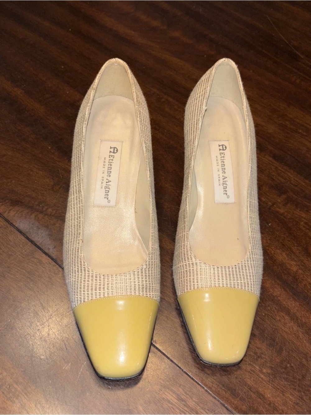 Etienne Aigner Beige Woven Pumps with Yellow Cap Toe